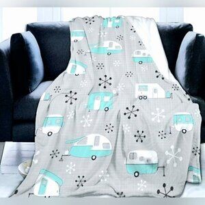 Retro Camper Trailer Fleece Throw Blanket Turquoise RV Cottage Cozy